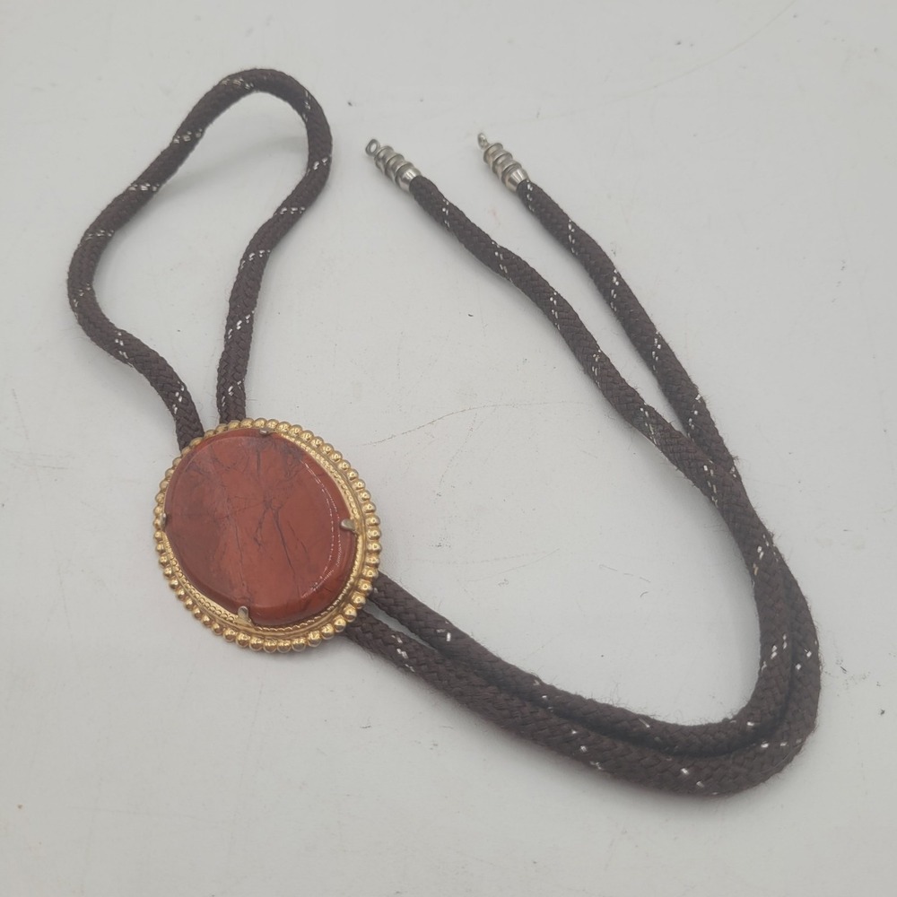 Vtg Brown Agate Polished Stone Bolo Tie With Brown‎ Cord Hand Made